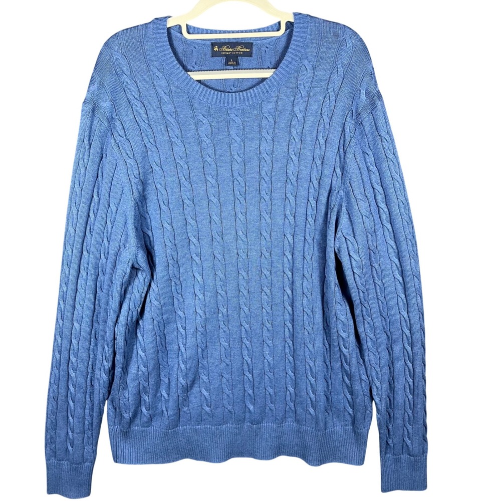 Brooks Brothers Cable Knit Sweater Mens Large Blue Supima Cotton Crew Neck